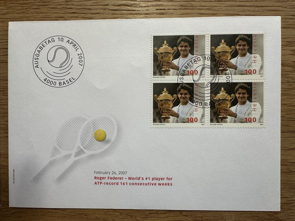 Tutti i francobolli: Schweiz - 2007 FDC Roger Federer 4er Block und Einzelmarke – Usato da Schmitten / FR venduto da Samsara169 1