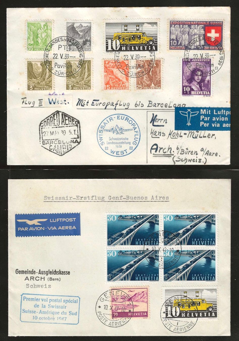 Tous les timbres: 1939 + 1947 : 2 CH Flugpost Briefe – D'occasion à Gümligen par Geniusbuy