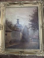 Tableau ancien, paysage pittoresque, cadre doré 55x45