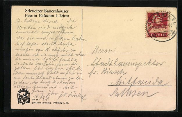Cartoline postali: AK Hofstetten, Schweizer Bauernhaus – Usato da Berlin venduto da bartko-reher 1