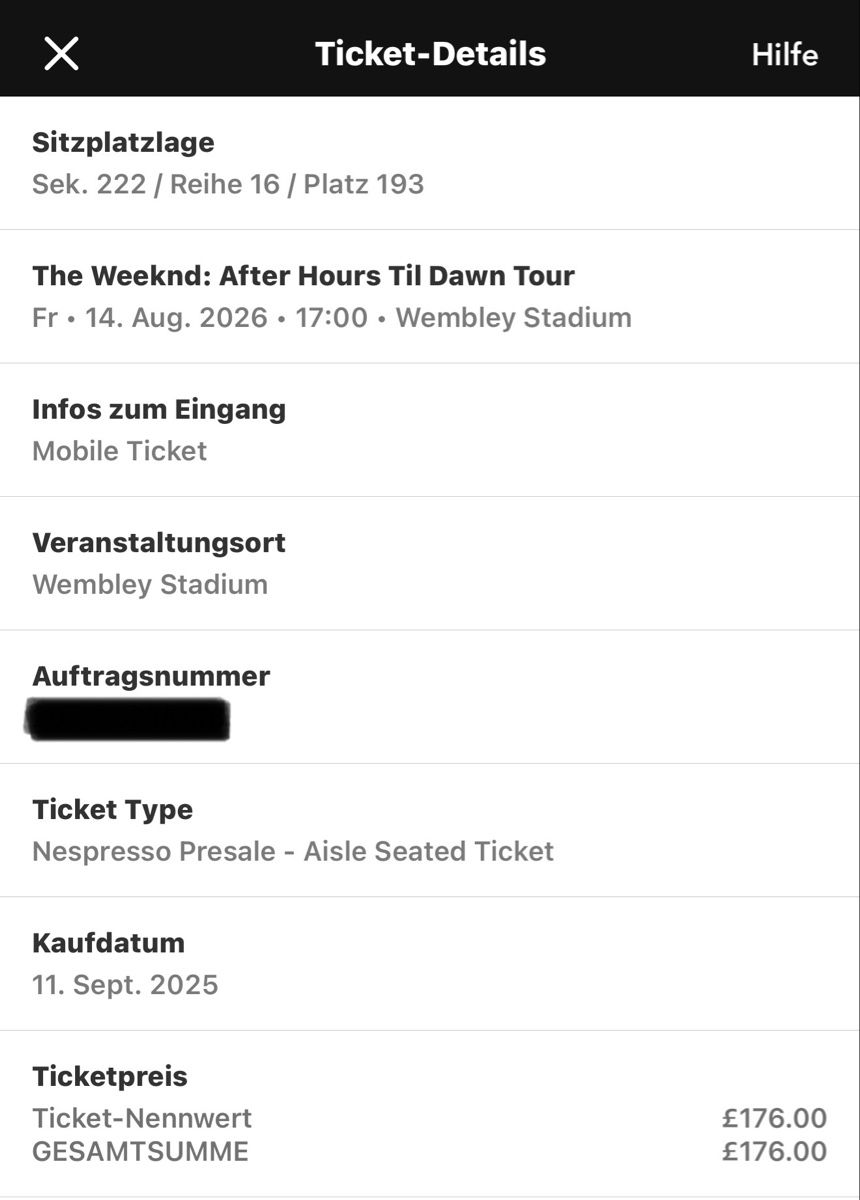 Biglietti: THE WEEKND: AFTER HOURS TIL DAWN TOUR – Nuovo e nell'imballaggio originale da Waldstatt venduto da Al-Ho 4
