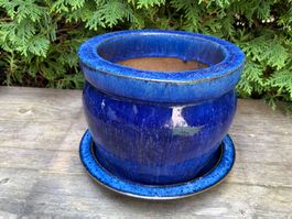 Blumentopf blau glasiert Ø  20 cm /Untersetzer, gebraucht