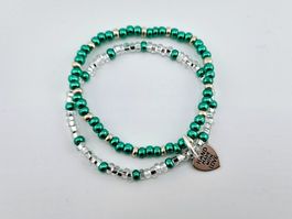 Damenarmband Rocailles Türkis und Transparent mit Herz Charm