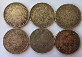 France lot de 6 X 5 francs 1850/1867/1834/1873/1830/1873