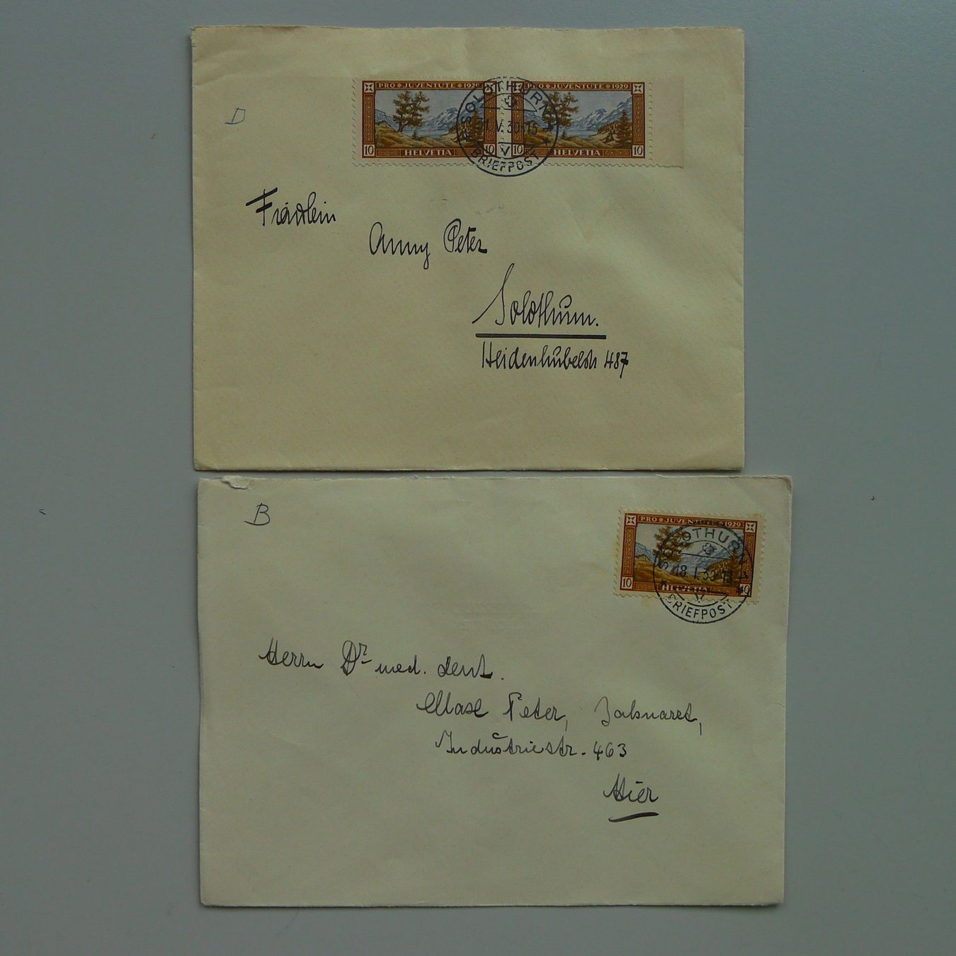 Tous les timbres: 1930-1957, 72 Briefe Pro Juventute mit Abarten v. SOLOTHURN. – D'occasion à Sursee par Luzernerraute 6