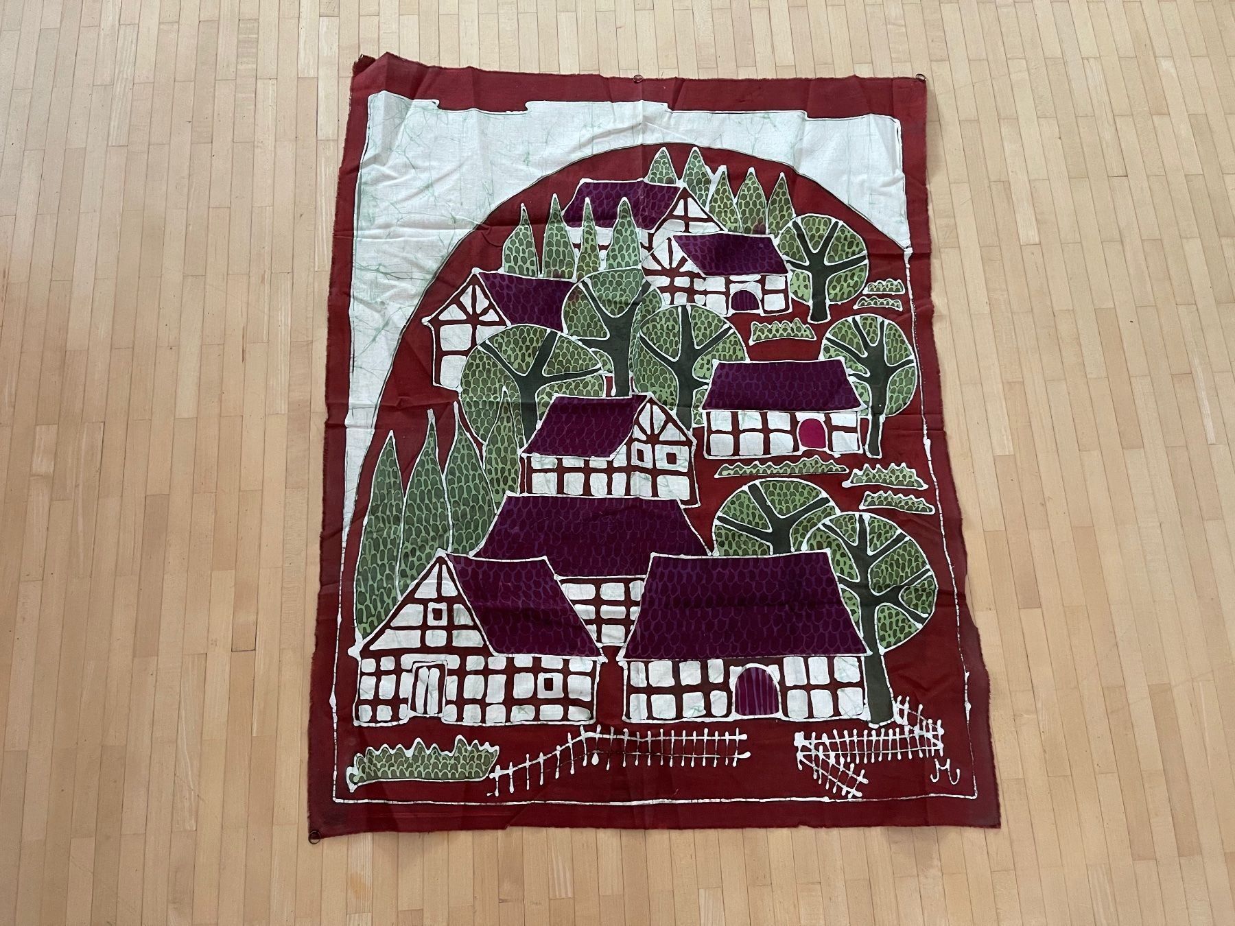 Foto & Immagini: Dekoratives Batik- Bild Riegelhäuser-Dorf mit Aufhängern – Usato da Winterthur venduto da 1956ingi 2