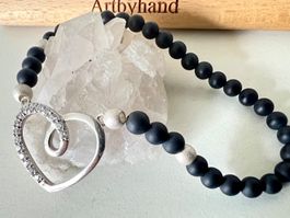 Herzstück: Onyx Armband mit Silber Herz & Zirkonia - Unikat
