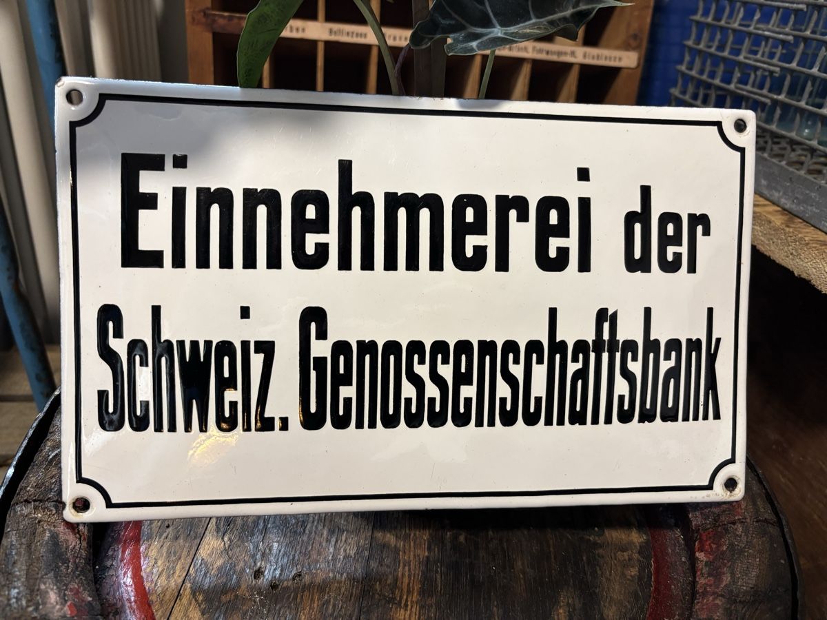 Schilder: Emailschild, Einnehmerei der schweiz. Genossenschaftsbank – Gebraucht aus Staufen von timelessvintage