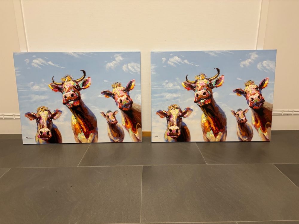 Kunstdruck 'Agathe Und Freunde' 100x75cm - Handbemaltes Kuh Motiv Auf Leinwand
