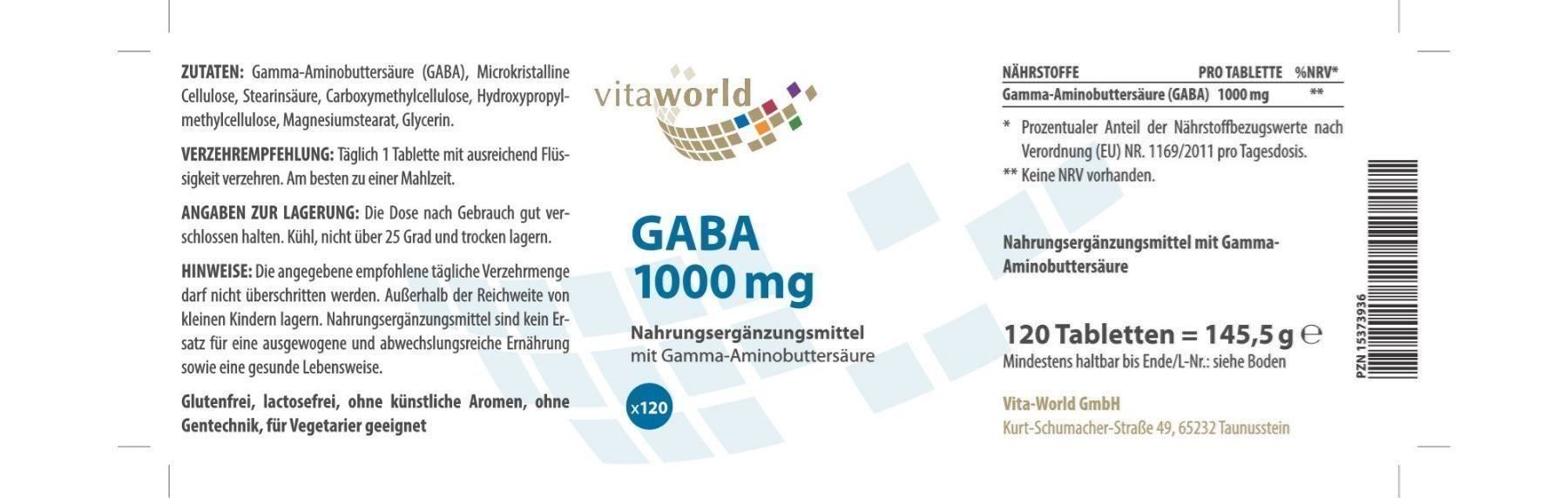 Cibi & Specialità: GABA 1000mg 120 Vegi Tabletten – Nuovo e nell'imballaggio originale da Tiefenbach venduto da nhp-bedarf 1