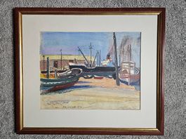 Max Brütschlin: Hafenszene Palamós (Spanien)  gerahmt