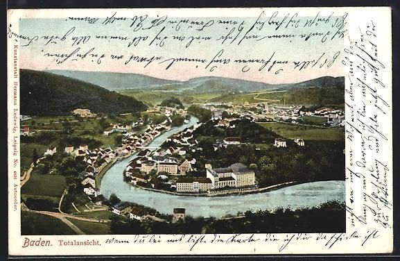 Cartoline postali: AK Baden, Ortsansicht mit Flusspartie – Usato da Berlin venduto da bartko-reher