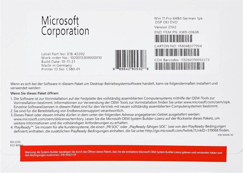 Microsoft Software: Microsoft FQC-10534 Windows 11 Pro Vollversion OEM Box de – Neu und originalverpackt aus Reinach AG von RiesenServicesGmbH