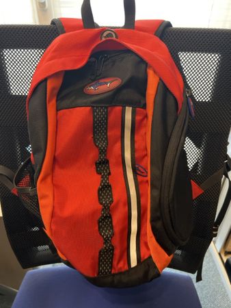 Rucksack rot schwarz gut erhalten mit Fisch Logo