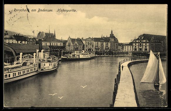 Cartoline postali: AK Rorschach am Bodensee, Hafenpartie mit Kaimauer – Usato da Berlin venduto da bartko-reher