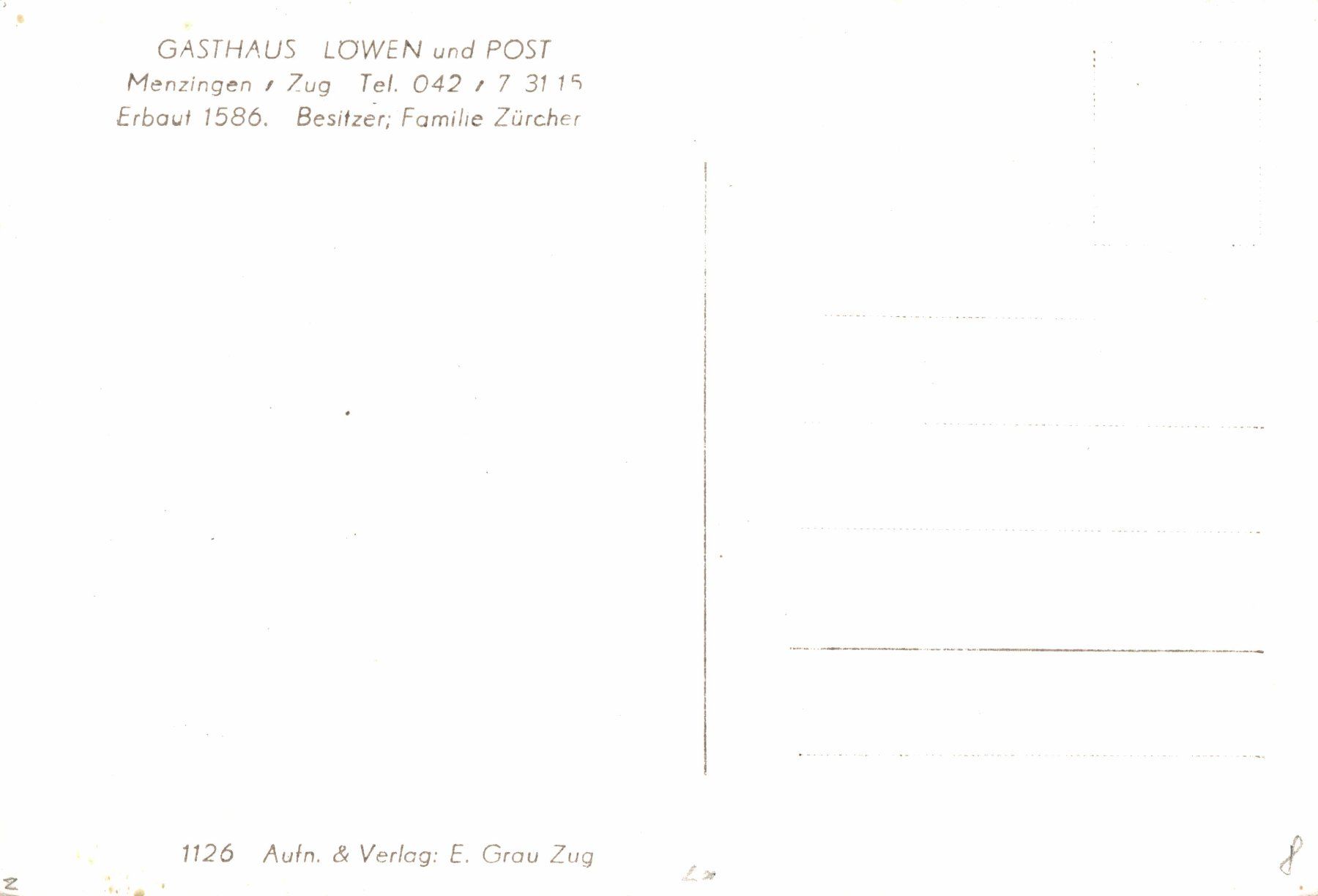 Cartes postales: Gasthaus Löwen und Post, Menzingen / Zug – D'occasion à Bronschhofen par Astore 1