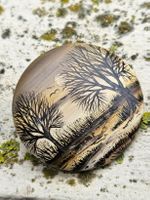 Vintage Deko Pin Holz Brosche, 1985, Motiv: Natur & See