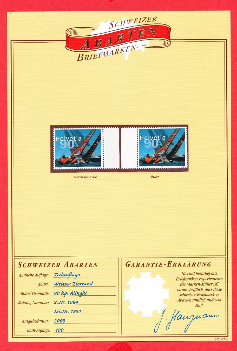 Tutti i francobolli: 2003 Abart Alinghi weisser Bogenrand  ** Postfrisch ** – Nuovo (secondo la descrizione) da Adliswil venduto da Aenti