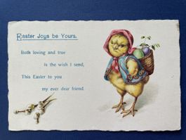 Antike Osterkarte, Küken mit Ostereier, mit Spruch