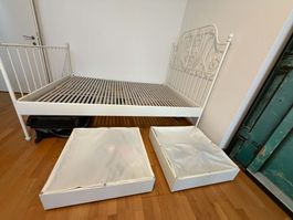 Metallbett 140x200 cm –weiss–inkl. Lattenrost & 2 Bettkästen