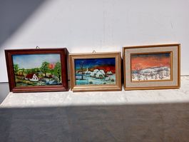 3er Set Gemälde Naiv Hinterglasmalerei Slowenien 1978/81