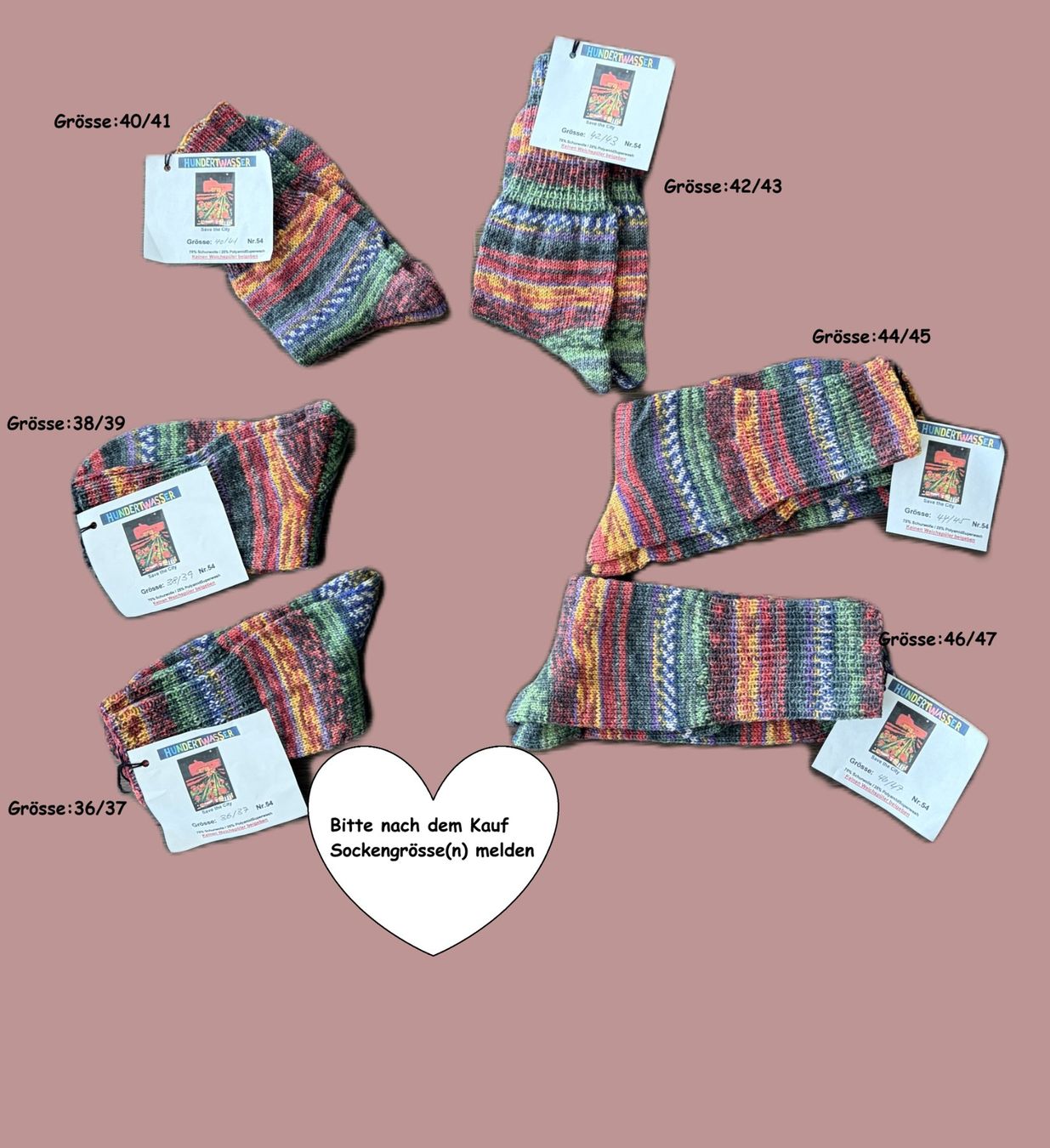 Calze: Handgestrickte "Hundertwasser" Socken verschiedene Grössen – Nuovo e nell'imballaggio originale da Täuffelen venduto da sohalt