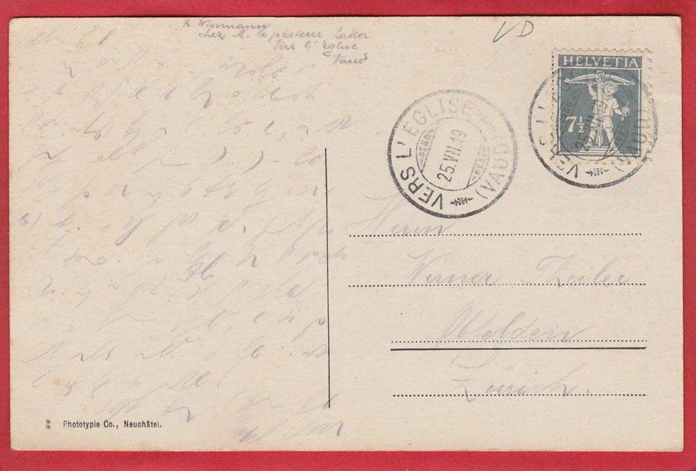 Ansichtskarten: VERS L'EGLISE, VALLÉE DES ORMONTS, 1919 – Gebraucht aus Grüningen von Kartenlaube 1
