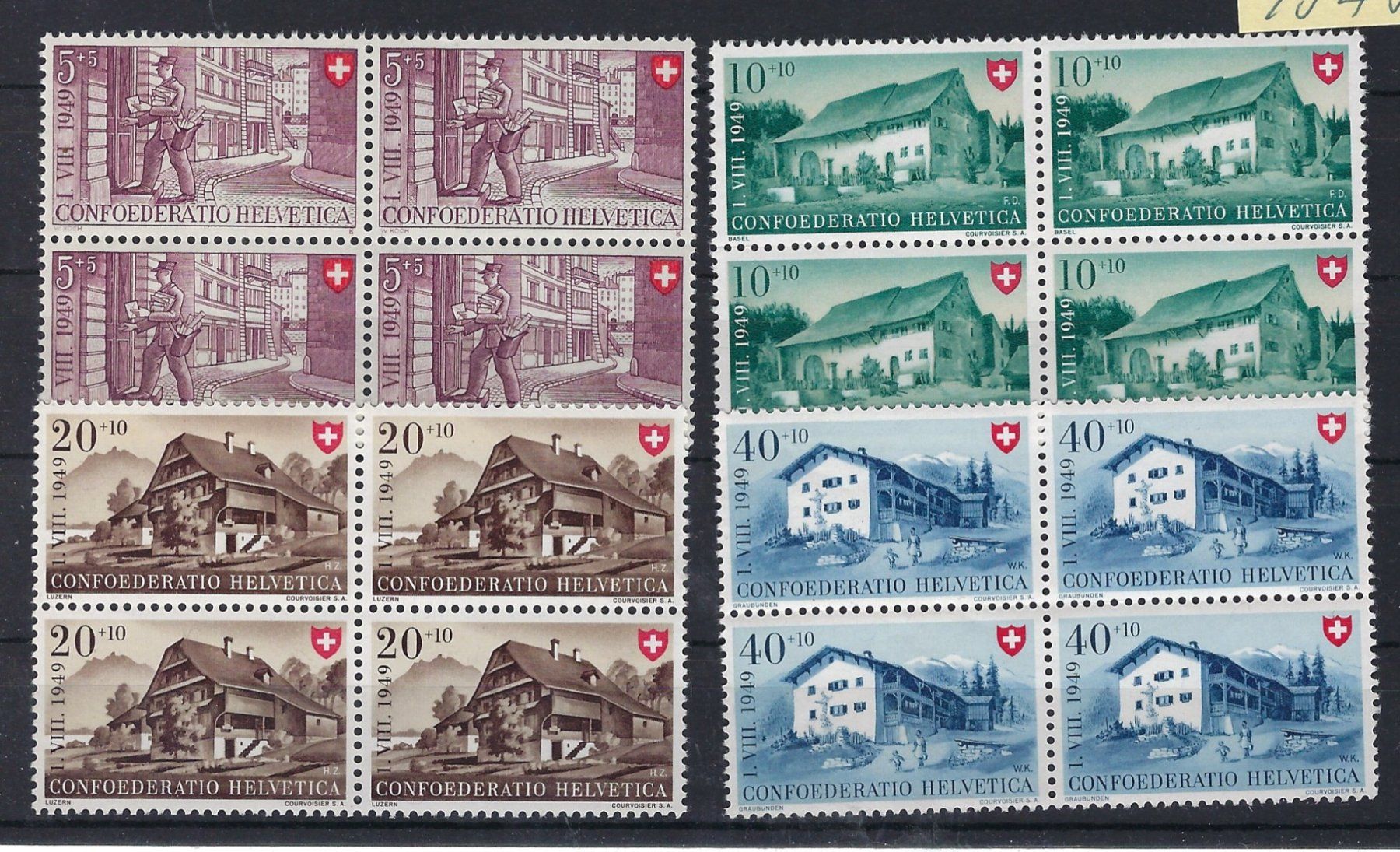 Alle Briefmarken: 1949 Pro Patria  Viererblocks postfrisch   15968 – Gebraucht aus Lunden von Animus999