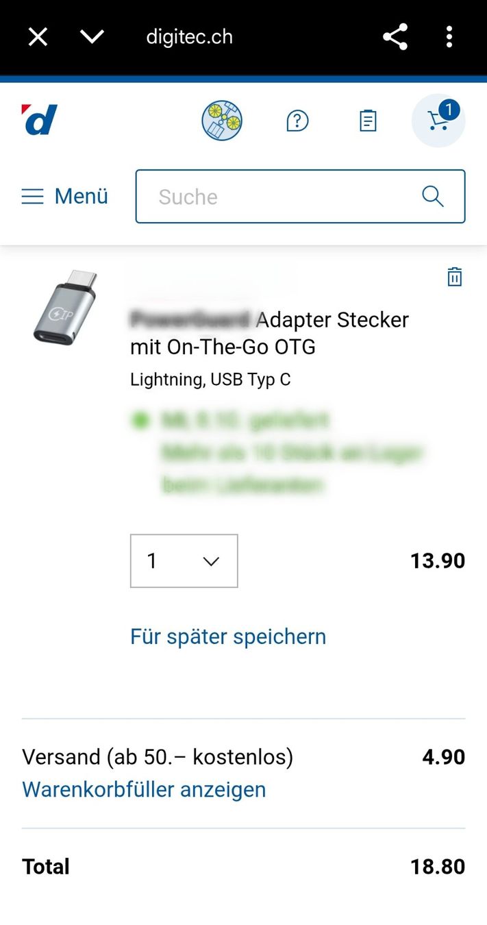 Tfk Unità & Adattatore: Lightning zu USB-C Adapter (Digitec CHF 13.90) Apple iPhone – Nuovo e nell'imballaggio originale da Uster venduto da -FPS- 1
