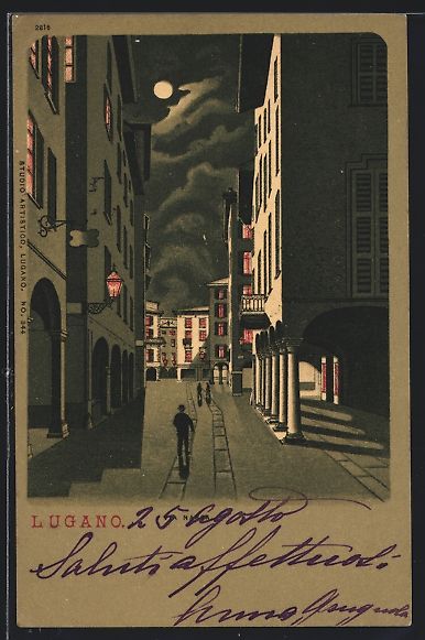 Cartoline postali: Mondschein-Lithographie Lugano, Strassen – Usato da Berlin venduto da bartko-reher
