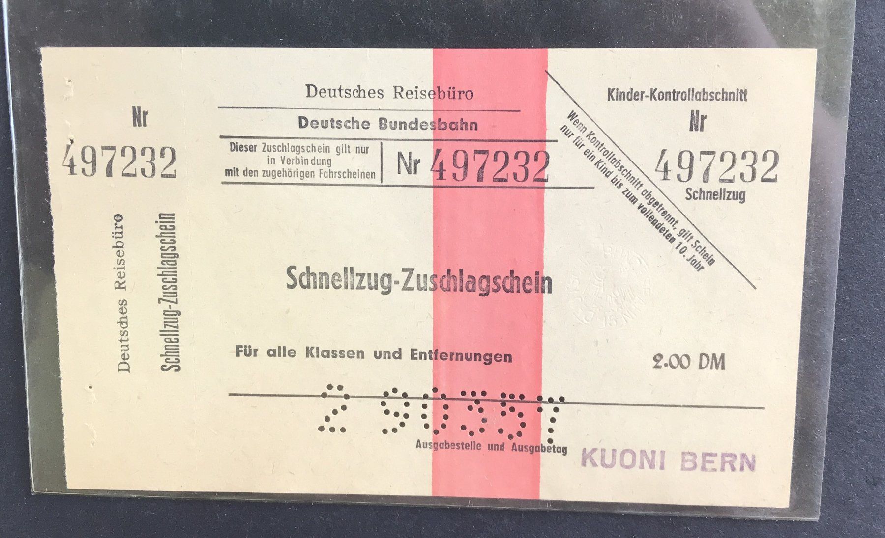 Documenti: SCHNELLZUG-ZUSATZSCHEIN DEUTSCHE BUNDESBAHN – Nuovo (secondo la descrizione) da Ostermundigen venduto da Wyatt-Earp