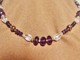 Collier Amethyst, Perlen, Bergkristall, Silber vergoldet