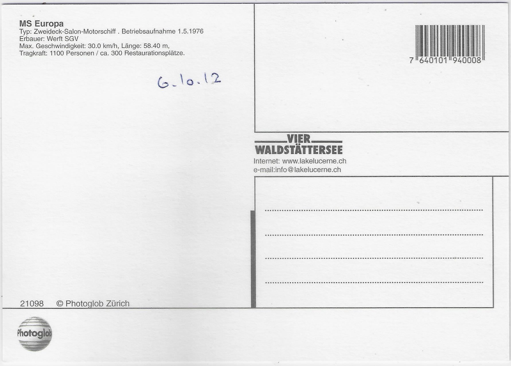 Cartoline postali: Vierwaldstättersee - MS Europa – Usato da Ettingen venduto da Kartenplanet 1