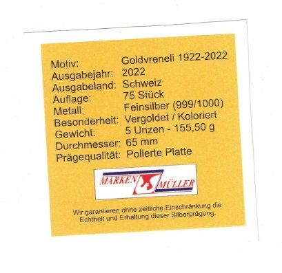 Medaglie: 5 Unze "100 Jahre letztes Goldvreneli" – Usato da Liestal venduto da fibonaccis 3