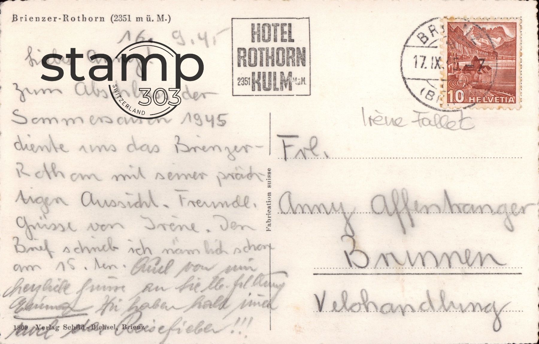 Cartoline postali: 1945 AK Brienzer- Rothorn – Usato da Eggersriet venduto da stamp303 1