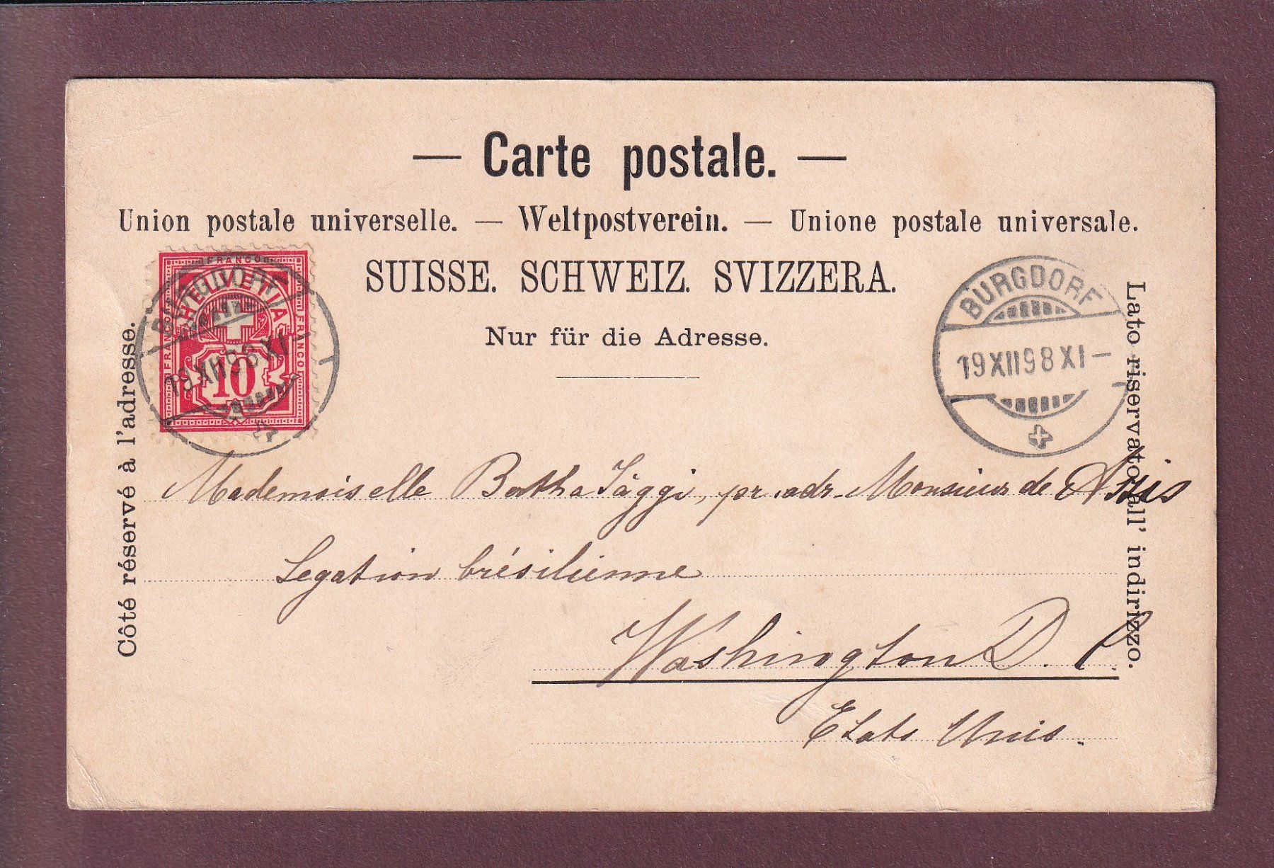 Ansichtskarten: Gruss aus BURGDORF - 1898 // Eckbug // – Gebraucht aus Pully von nicecards 1