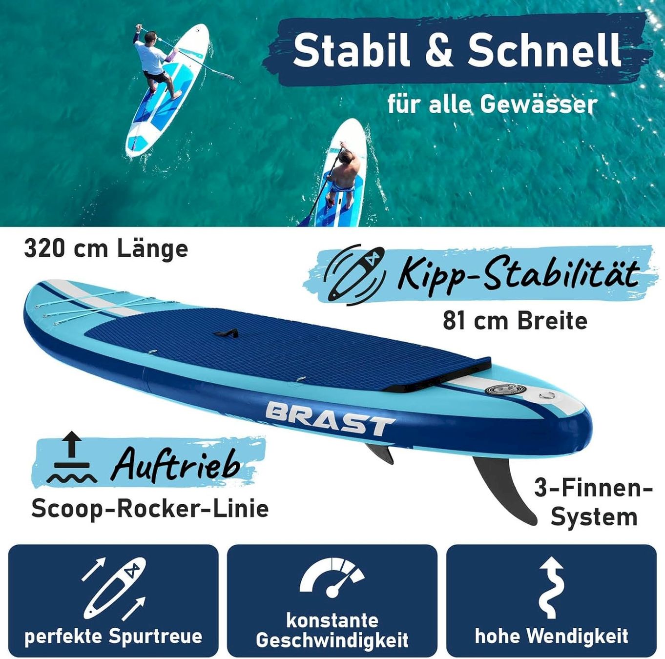 Surf: BRAST SHARK 320 SUP Board max 200kg blau – Neuf avec emballage d'origine à Bottighofen par zaap 1