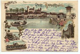 LITHO Gruss aus RAPPERSWIL Schloss - Bahnhof - gel. 1898