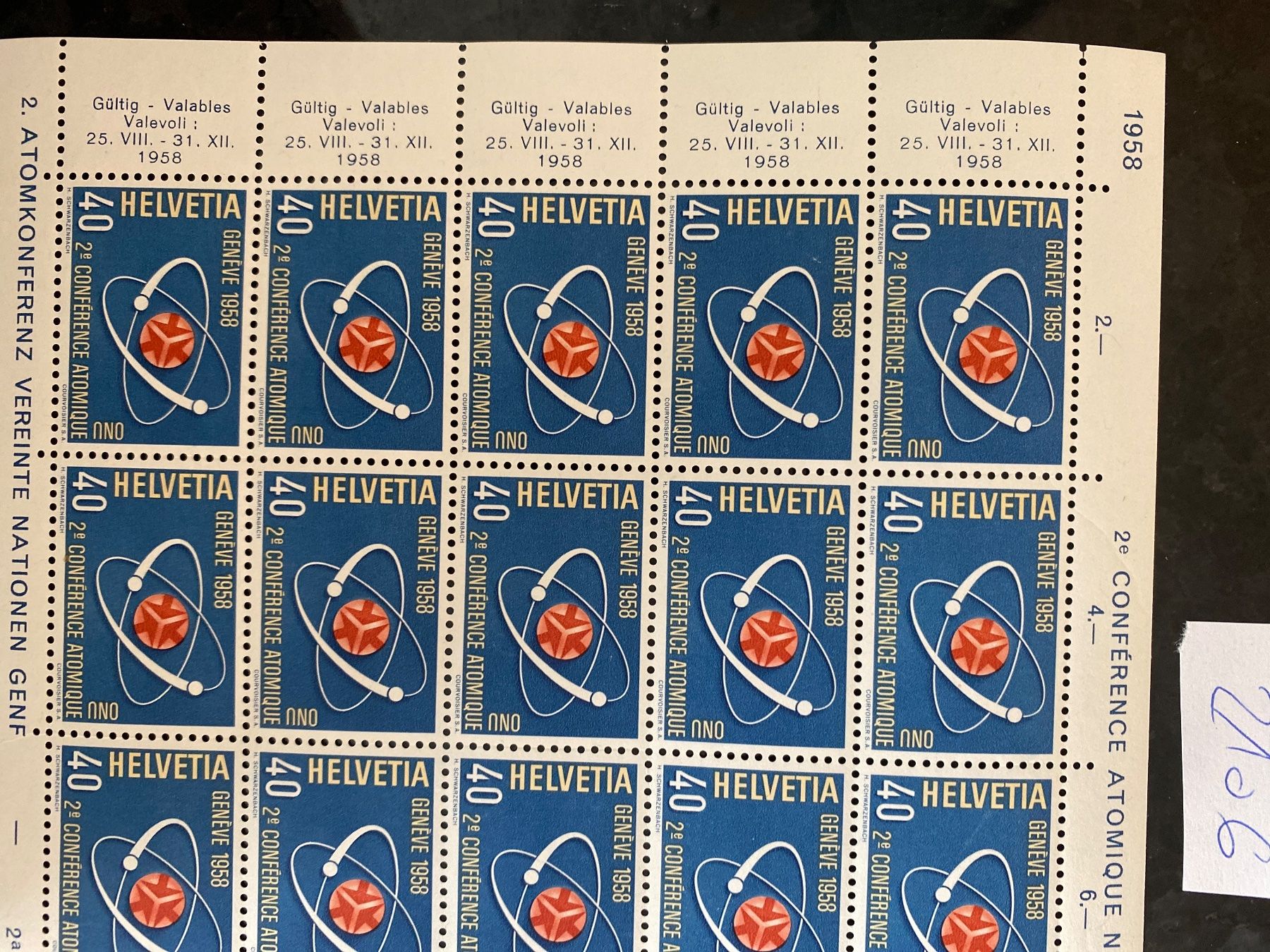Alle Briefmarken: 1958 Bogen Nr. 338 postfrisch Frankaturware Atomkonferenz ** – Neu (gemäss Beschreibung) aus Wil SG von Chefsugus 1