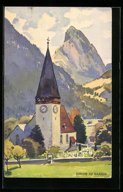 Cartoline postali: Saanen, Ortspartie mit Kirche, 1930 – Usato da Berlin venduto da bartko-reher
