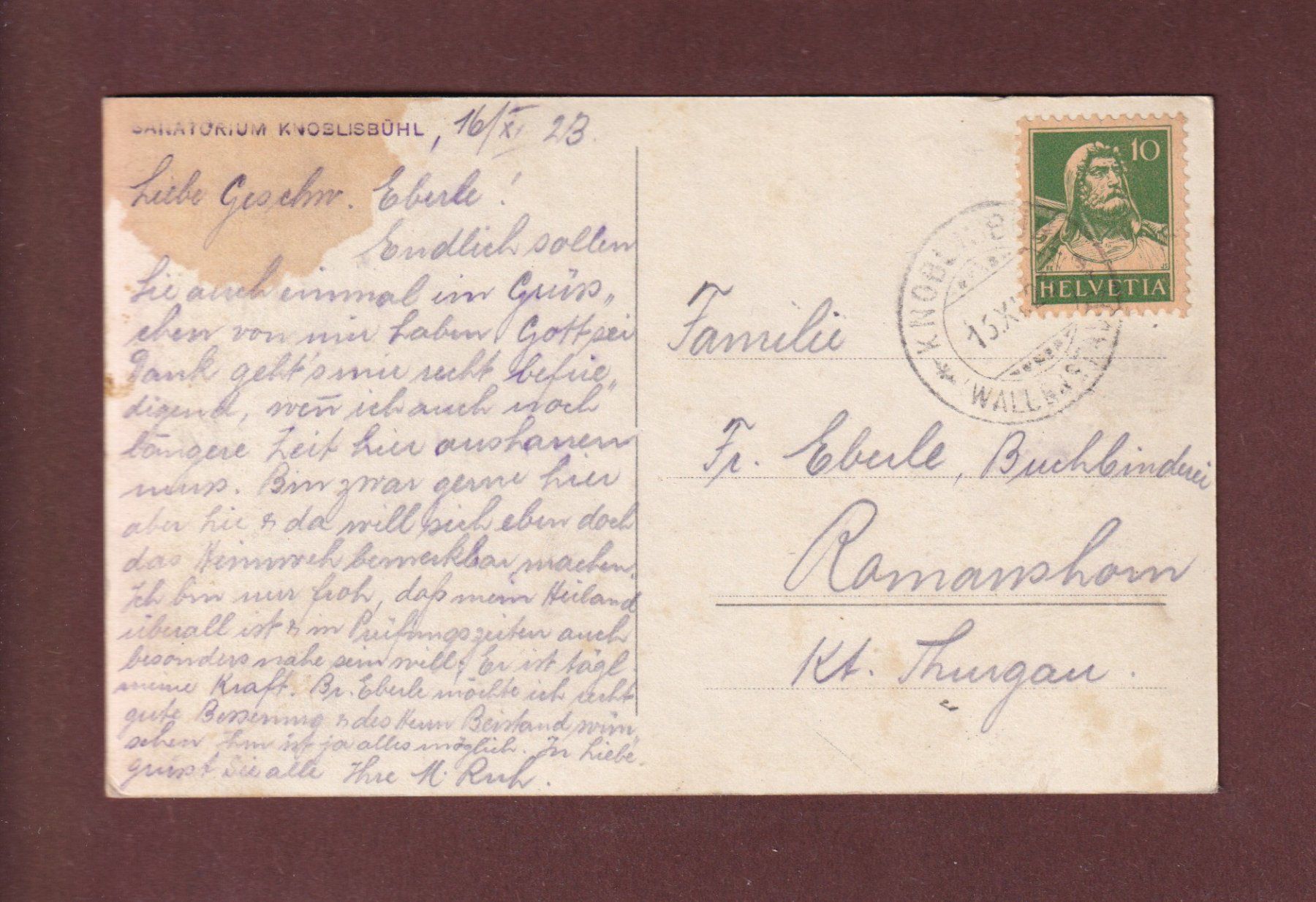 Ansichtskarten: Sanatorium KNOBLISBÜHL - 1923 – Gebraucht aus Pully von nicecards-shop 1