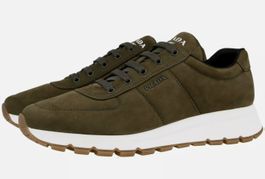 PRADA Mimetico Logo Weiss Oliv Leder Lo Top Sneaker 43.5 NEU