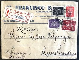 1946 Portugal Dekorativer R- Brief mit Vignette nach Schweiz