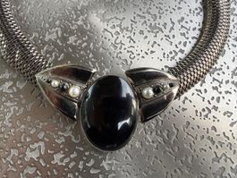 Vintage Halskette Silber mit Schwarzen Steinen