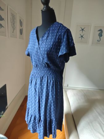 Andromede Paris blue polka dot smocked waist flirty dress M