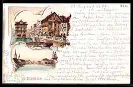 Zürich, Flussufer mit Häusern und Pers