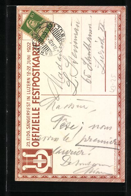 Cartoline postali: Luzern, 23. Eidg. Sängerfest 1922, Lyra – Usato da Berlin venduto da bartko-reher 1