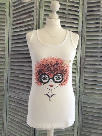 Top blanc Tête rousse lunettes strass