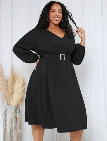 Kleid elegant mit Gürtel schwarz Gr. 56 / 58 / 60