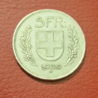 Schweizer Silbermünze 5 Franken 1939 B gut erhalten